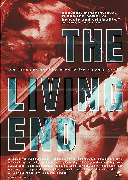 美國同性電影《末路记事 The Living End》

导演: 格雷格·阿拉基
主演: Mike Dytri / 克雷格·吉尔莫
类型: 剧情 / 喜剧 / 同性
制片国家/地区: 美国
语言: 英语
上映日期: 1993-02-12
片长: 92 分钟 / Spain: 84 分钟 / UK: 84 分钟

剧情简介 · · · · · ·
　　《末路纪事》可以说是男男版的《末路狂花》，讲述了一个不羁男妓和一个艾滋阳性作家的公路爱情。两人结伴打劫后暴走天涯，豪情恣意的穿越半个美国，用血脉贲张的硬朗躯体谱写生命激情，而且誓不回头。他们拥抱自由和爱情的态度，如实展现了90年代嬉皮一族最粗犷、最不羁和最性感的一面。
　　独立电影导演格雷格·阿拉基(Gregg Araki)凭借这部1992年的剧情长片《末路纪事》一跃成为90年代“新酷儿电影”的代表人物。这部电影充斥着颓废和绝望的愤怒气息，但又充满黑色幽默和袒露情欲，在入围当年的圣丹斯电影节主竞赛单元后引发评论界热议，阿拉基也被称为“最胆大妄为的独立导演”。该片直接启发了阿拉基后来的“青少年三部曲”以及《欲望肌肤》，帮助他确立了激进朋克的地下电影风格。